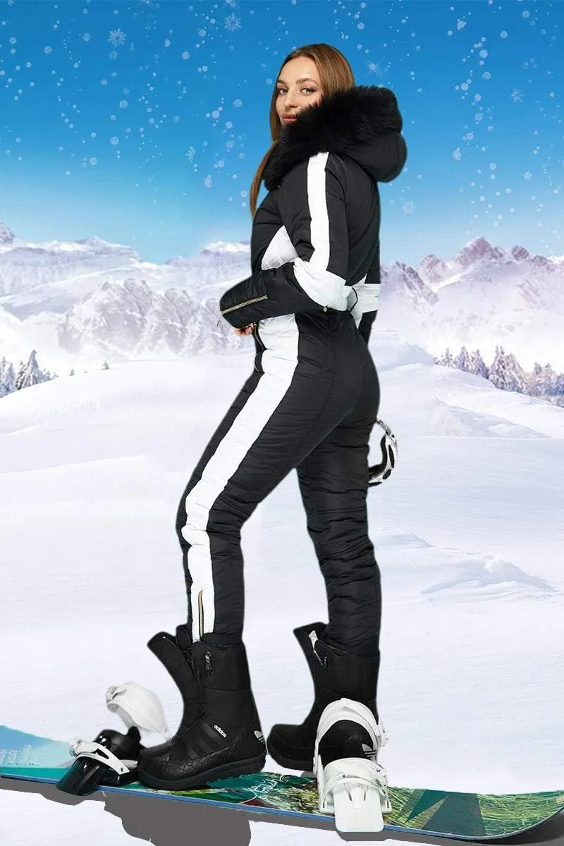 Yousify Womens Winter Onesies Ski Jumpsuits Outdoor Sports Waterproof Snowsuit Removable Fur Collar Coat Jumpsuit