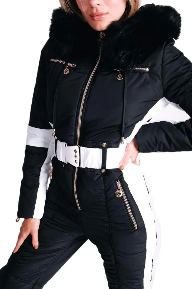 Yousify Womens Winter Onesies Ski Jumpsuits Outdoor Sports Waterproof Snowsuit Removable Fur Collar Coat Jumpsuit