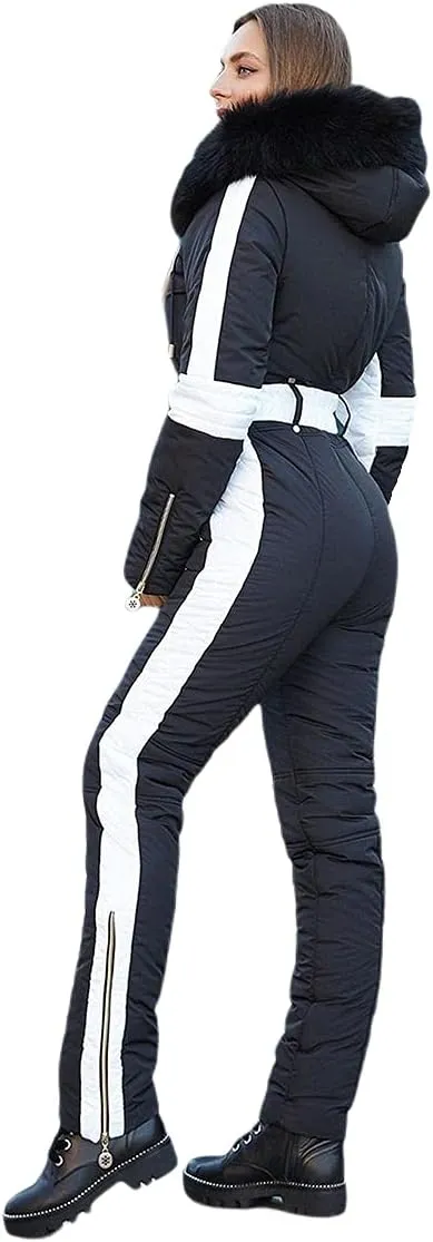 Yousify Womens Winter Onesies Ski Jumpsuits Outdoor Sports Waterproof Snowsuit Removable Fur Collar Coat Jumpsuit