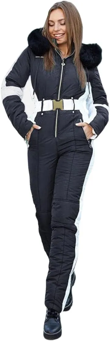 Yousify Womens Winter Onesies Ski Jumpsuits Outdoor Sports Waterproof Snowsuit Removable Fur Collar Coat Jumpsuit