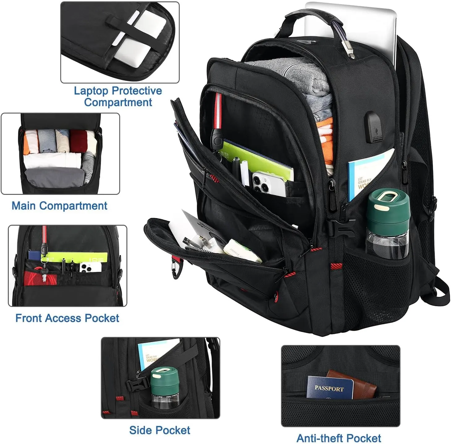 Z-MGKISS Extra Large Travel Backpack, 52L TSA Backpack 17.3 Inch, Anti-Theft 17 Inch Big Business Laptop Backpack for Men & Women, Water Resistant College Rucksack Bag with USB Port, Black