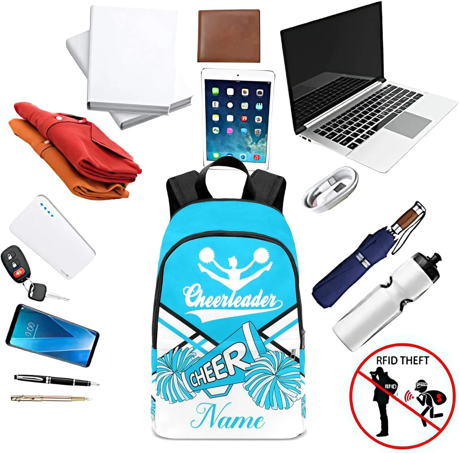 zaaprintblanket Personalized Cheerleader Cheer Sky Blue White Backpack Casual Daypack Bag for Man Woman