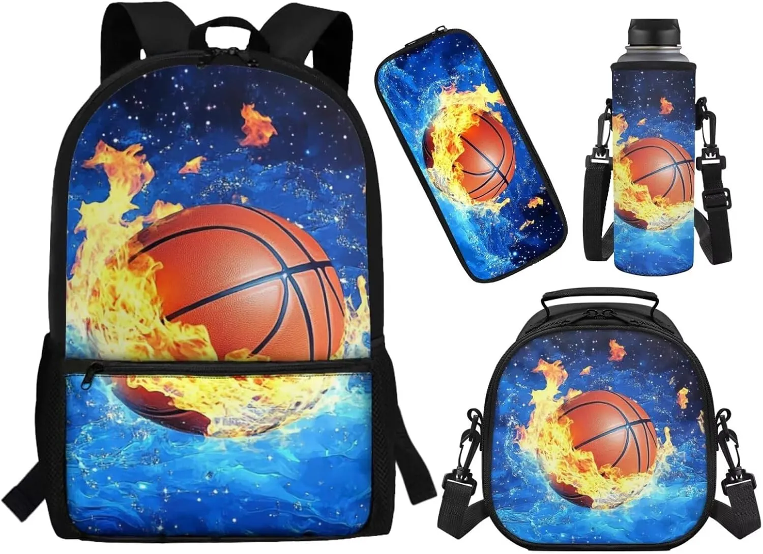 ZFRXIGN Galaxy Basketball School Backpack for Boys 6-8 Bookbag with Lunch Box Set, Pencil Case Water Bottle Sleeve with Strap Elementary Bookbag Kids Crossbody Bag Blue