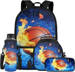 ZFRXIGN Galaxy Basketball School Backpack for Boys 6-8 Bookbag with Lunch Box Set, Pencil Case Water Bottle Sleeve with Strap Elementary Bookbag Kids Crossbody Bag Blue