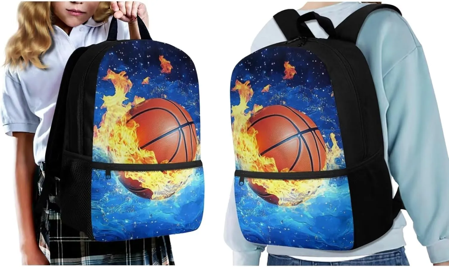 ZFRXIGN Galaxy Basketball School Backpack for Boys 6-8 Bookbag with Lunch Box Set, Pencil Case Water Bottle Sleeve with Strap Elementary Bookbag Kids Crossbody Bag Blue