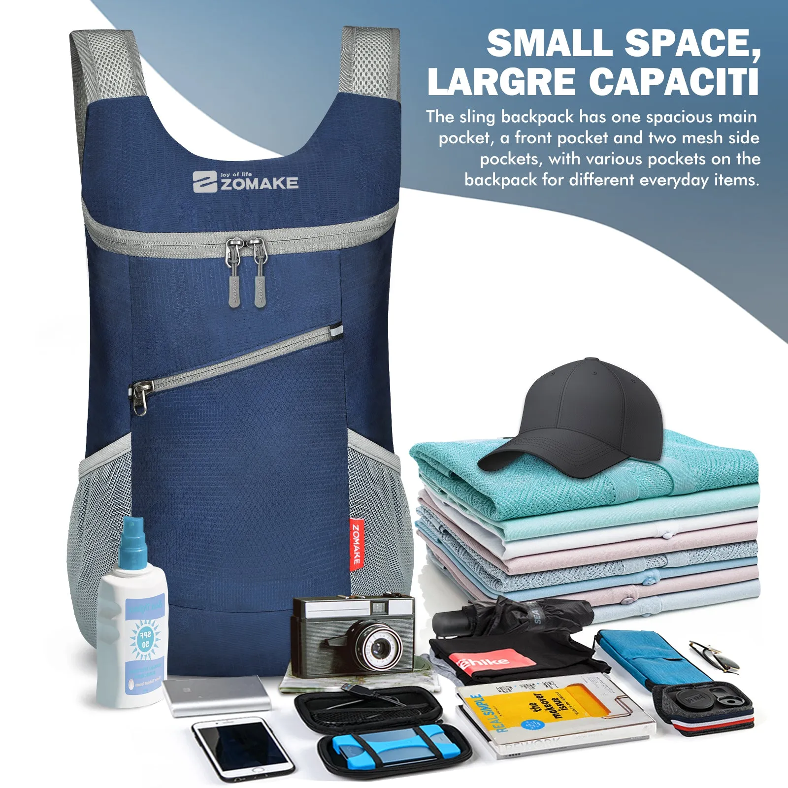 ZOMAKE Lightweight Packable Backpack 14L - Foldable Backpack Small Daypack Hiking Backpack Water-Resistant Day Bag for Travel(Navy Blue)
