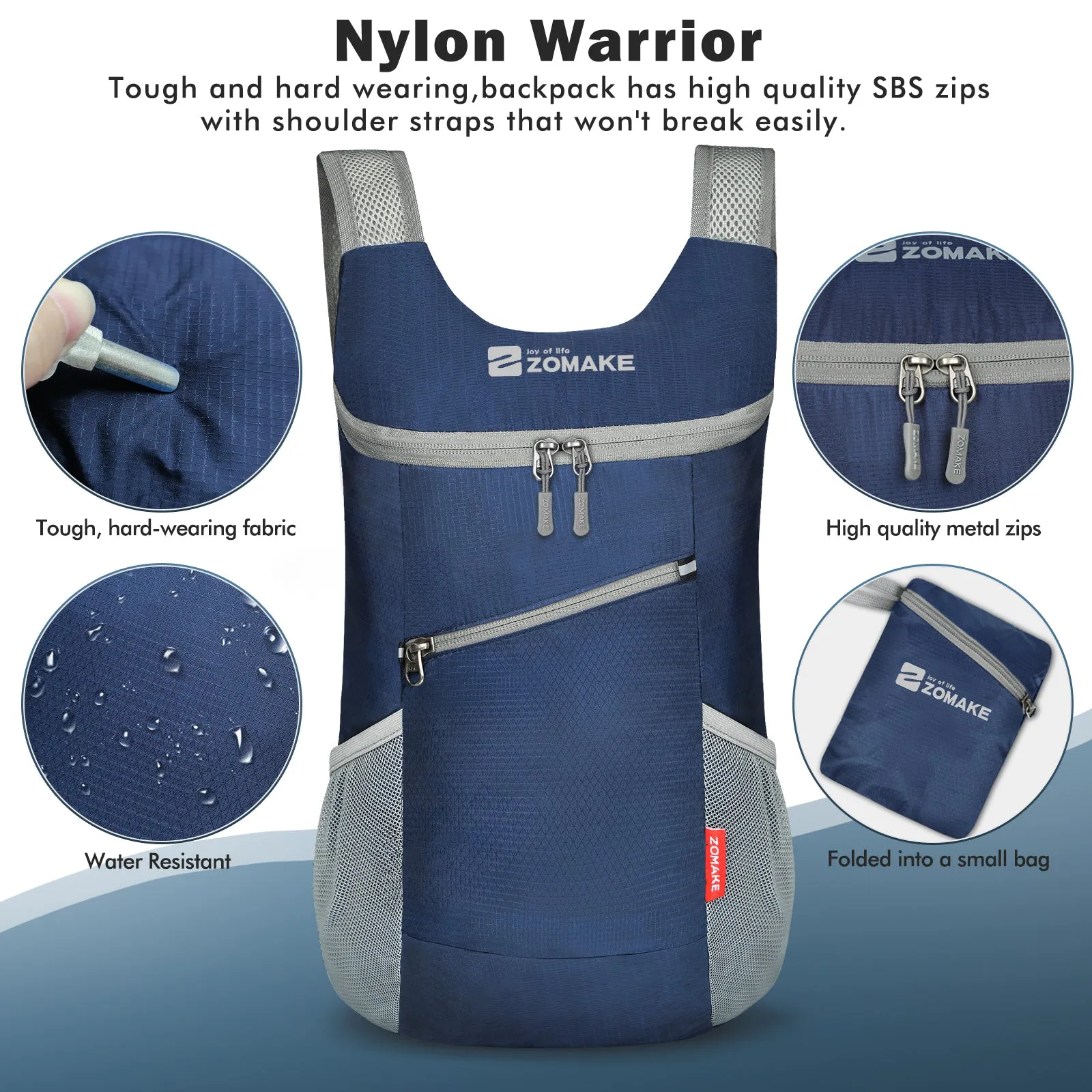 ZOMAKE Lightweight Packable Backpack 14L - Foldable Backpack Small Daypack Hiking Backpack Water-Resistant Day Bag for Travel(Navy Blue)
