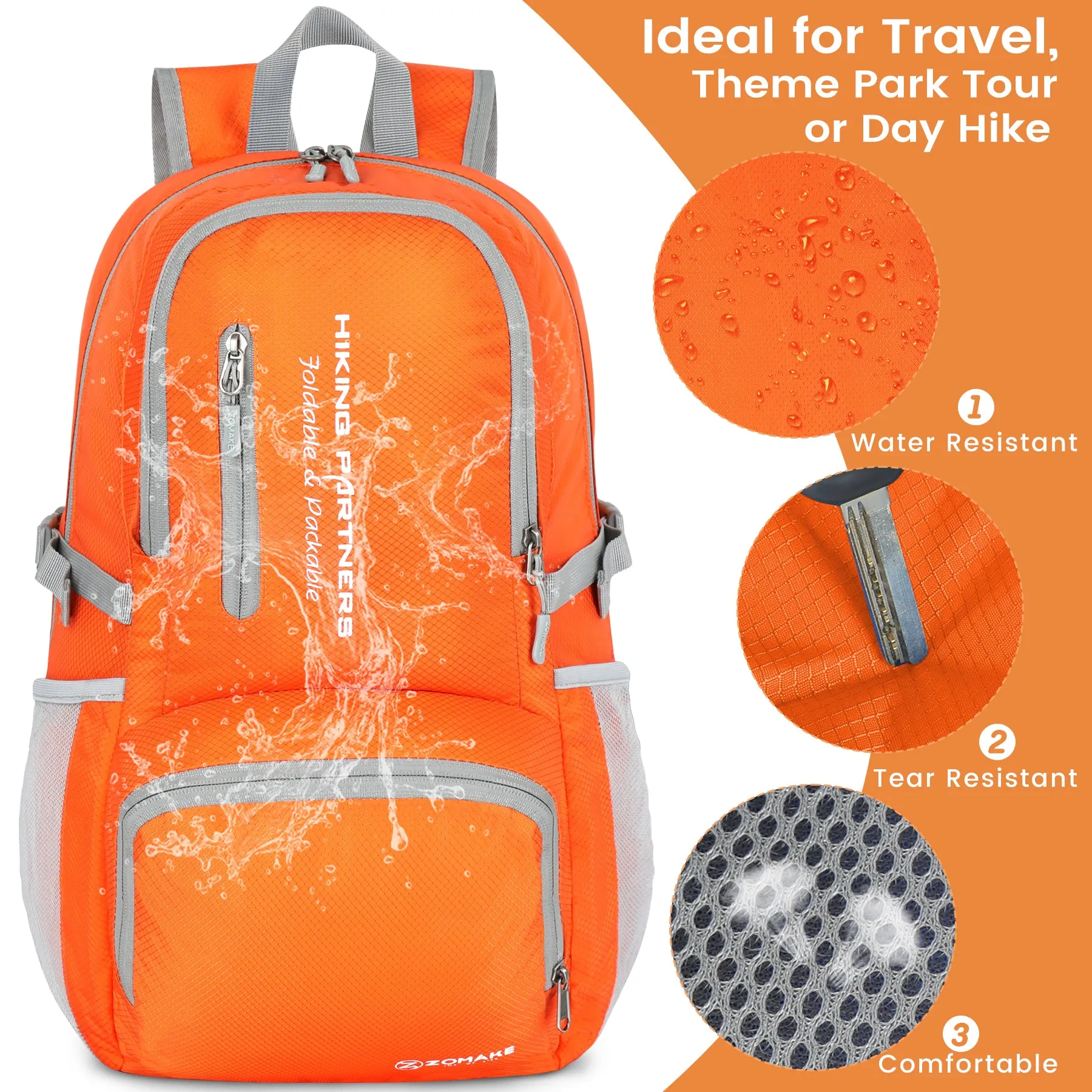 ZOMAKE Lightweight Packable Backpack, 35L Light Foldable Hiking Backpacks Water Resistant Collapsible Daypack for Travel(Orange)