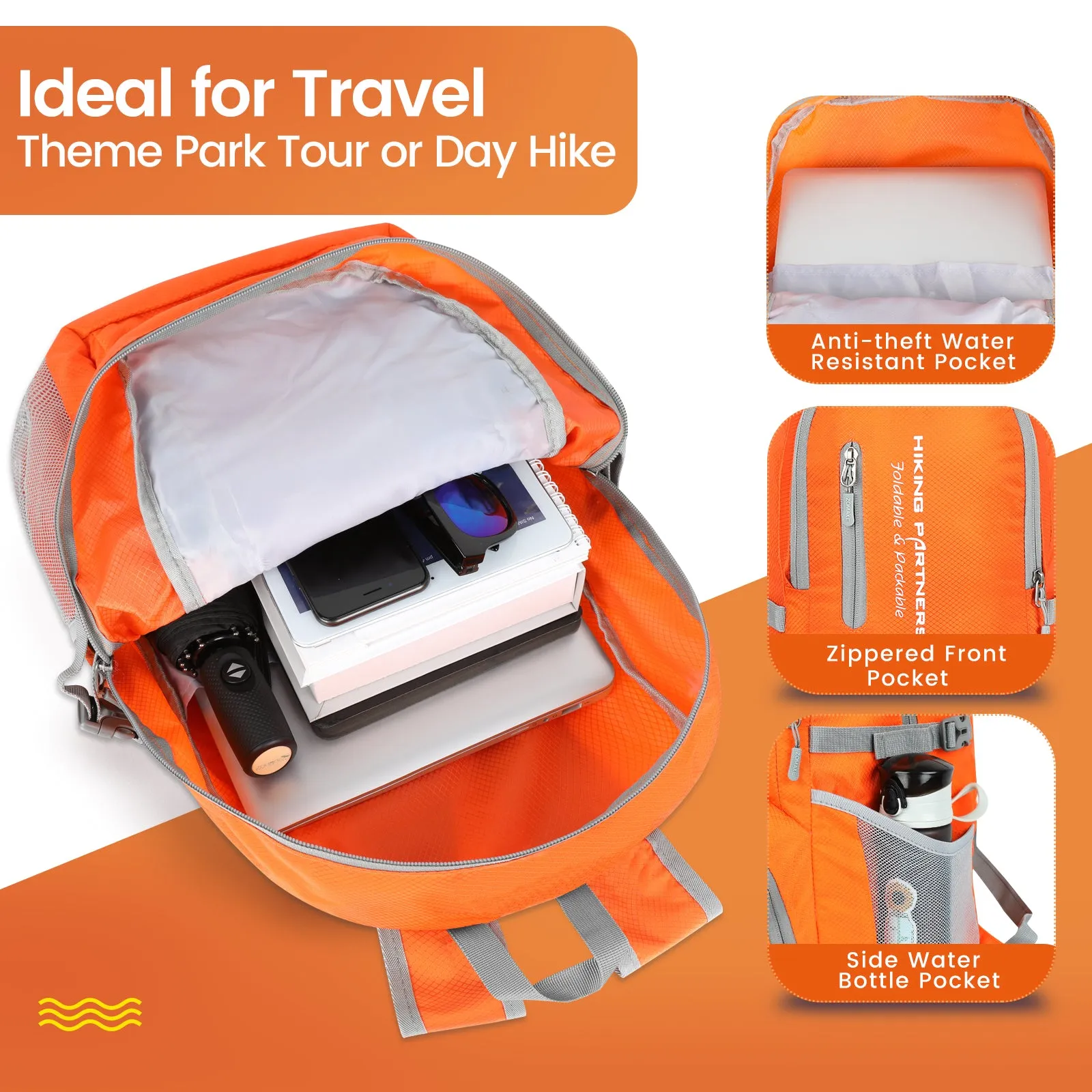 ZOMAKE Lightweight Packable Backpack, 35L Light Foldable Hiking Backpacks Water Resistant Collapsible Daypack for Travel(Orange)